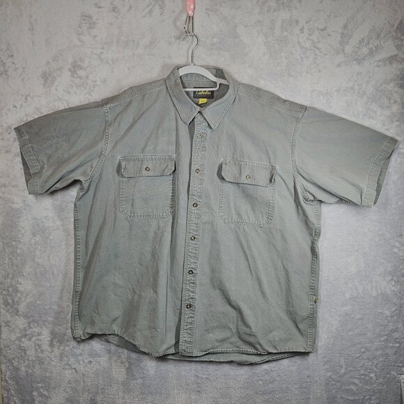 Cabelas Mens 2XL Short Sleeve Button Canvas Shirt Gray Cotton Work flaw rugged - Picture 1 of 11
